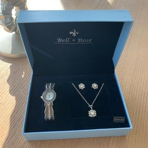 NWT Bell & Rose Watch/Necklace and earrings set.